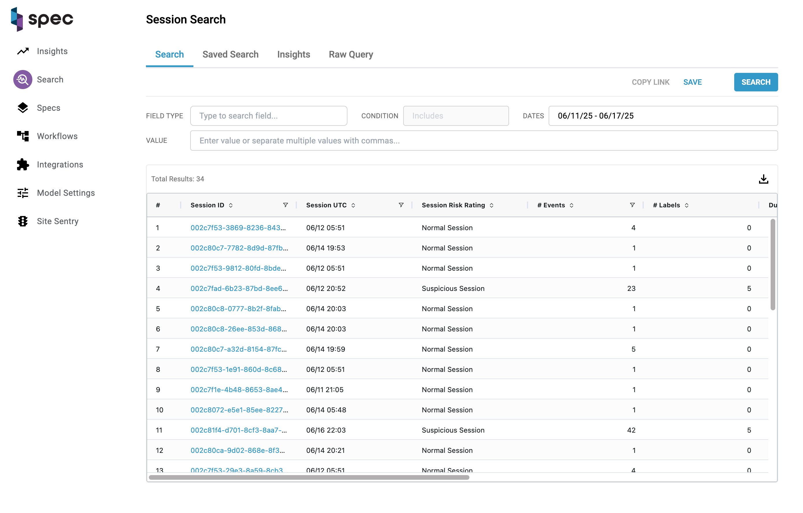 Session Search Page